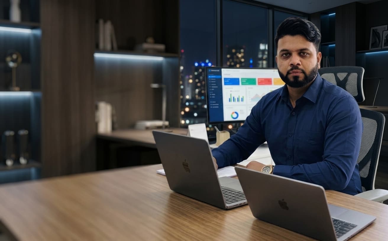 Ishraq Qureshi seated at his desk with two laptops, a dashboard on the monitor and the night city behind him